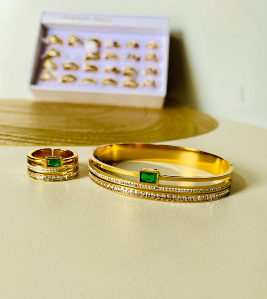 Emerald Green Stone Bangle & Ring Combo